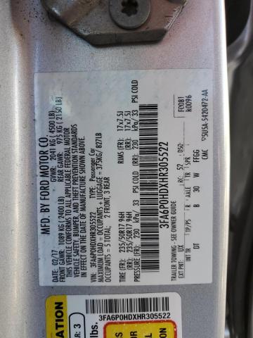 3FA6P0HDXHR305522 - 2017 FORD FUSION SE SILVER photo 12