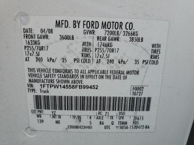 1FTPW14558FB99452 - 2008 FORD F150 SUPERCREW WHITE photo 12