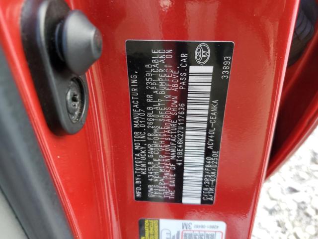 4T1BE46K27U117636 - 2007 TOYOTA CAMRY CE RED photo 12