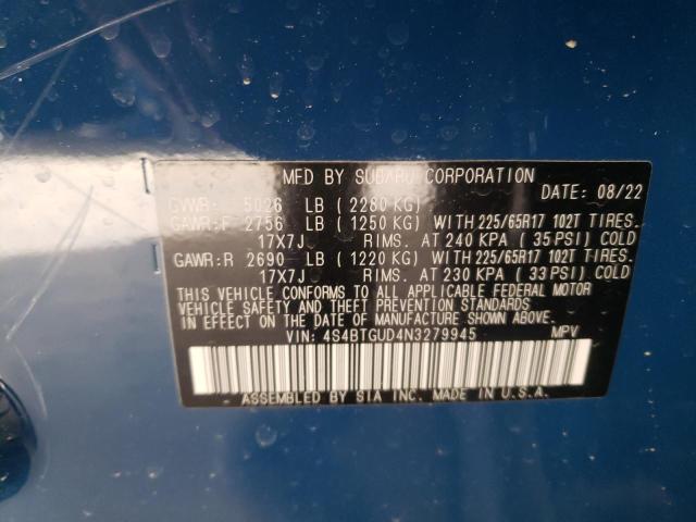 4S4BTGUD4N3279945 - 2022 SUBARU OUTBACK WILDERNESS BLUE photo 12