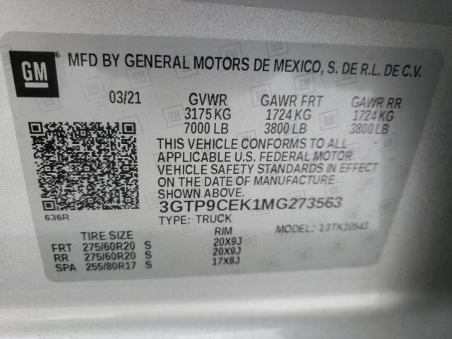 3GTP9CEK1MG273563 - 2021 GMC SIERRA K1500 ELEVATION SILVER photo 12