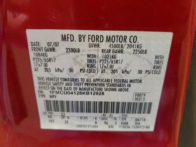 1FMCU04128KB12928 - 2008 FORD ESCAPE LIMITED RED photo 12