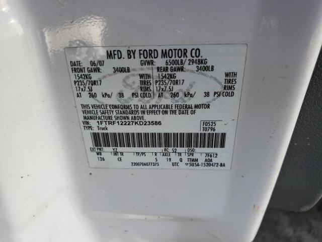 1FTRF12227KD23586 - 2007 FORD F150 WHITE photo 12