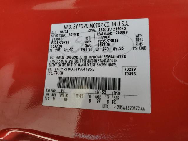 1FTYR10U54PA41853 - 2004 FORD RANGER RED photo 12