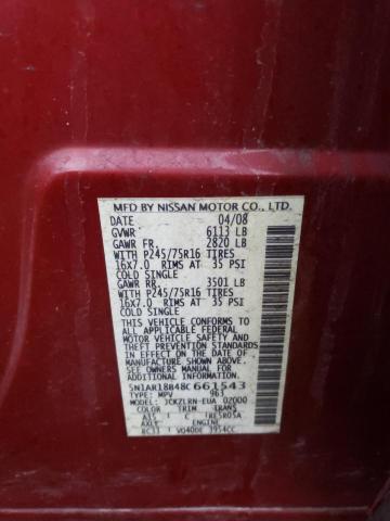 5N1AR18B48C661543 - 2008 NISSAN PATHFINDER S BURGUNDY photo 12