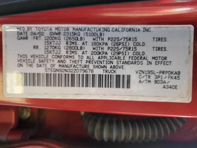 5TEGN92N32Z079678 - 2002 TOYOTA TACOMA DOUBLE CAB PRERUNNER BURGUNDY photo 12