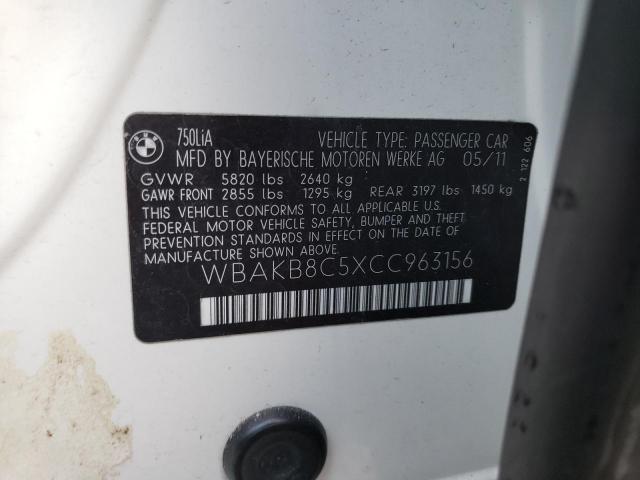 WBAKB8C5XCC963156 - 2012 BMW 750 LI WHITE photo 12