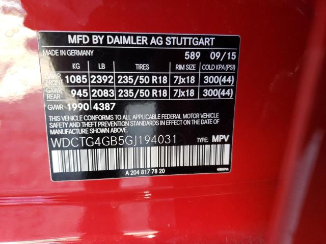 WDCTG4GB5GJ194031 - 2016 MERCEDES-BENZ GLA 250 4MATIC RED photo 14