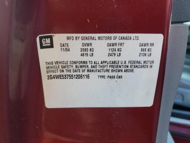 2G4WE537551206116 - 2005 BUICK LACROSSE CXS ბურგუნდია ფოტო 12