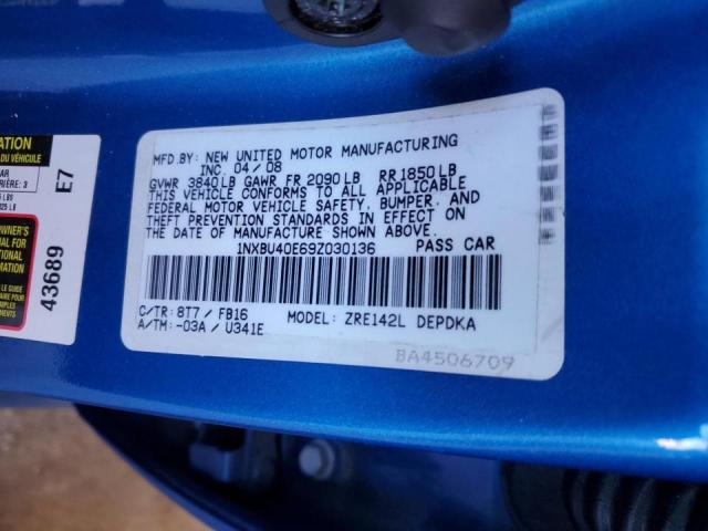 1NXBU40E69Z030136 - 2009 TOYOTA COROLLA BASE BLUE photo 12