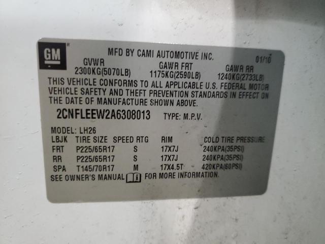 2CNFLEEW2A6308013 - 2010 CHEVROLET EQUINOX LT WHITE photo 12