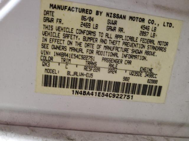 1N4BA41E54C922751 - 2004 NISSAN MAXIMA SE WHITE photo 12