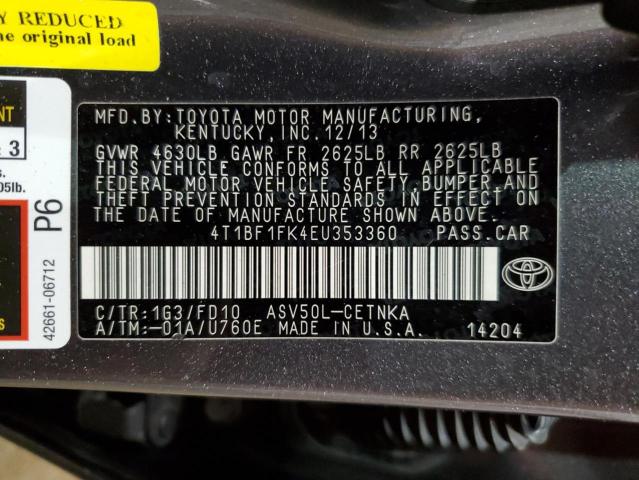 4T1BF1FK4EU353360 - 2014 TOYOTA CAMRY L GRAY photo 12