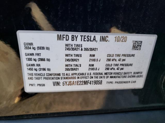 5YJSA1E22MF419058 - 2021 TESLA MODEL S Սև լուսանկար 12