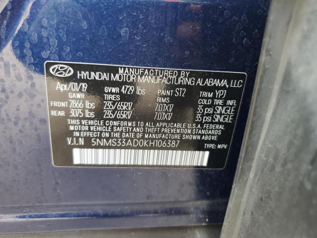 5NMS33AD0KH106387 - 2019 HYUNDAI SANTA FE SEL Կապույտ լուսանկար 14