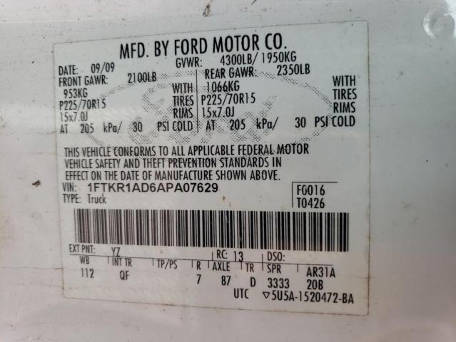 1FTKR1AD6APA07629 - 2010 FORD RANGER WHITE photo 13