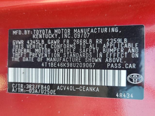 4T1BE46K98U209067 - 2008 TOYOTA CAMRY CE RED photo 12