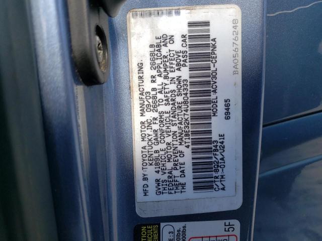 4T1BE32K74U804333 - 2004 TOYOTA CAMRY LE BLUE photo 12