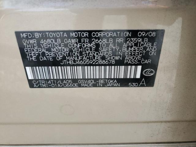 JTHBJ46G592288678 - 2009 LEXUS ES 350 GOLD photo 12