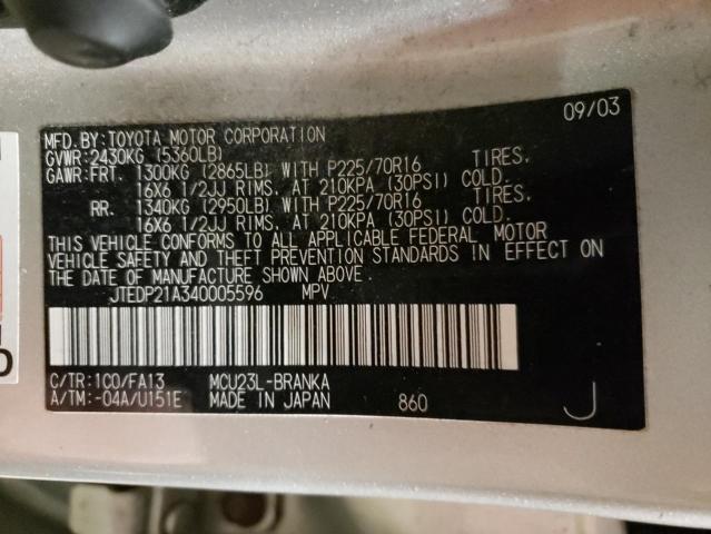 JTEDP21A340005596 - 2004 TOYOTA HIGHLANDER BASE رمادي صورة 14