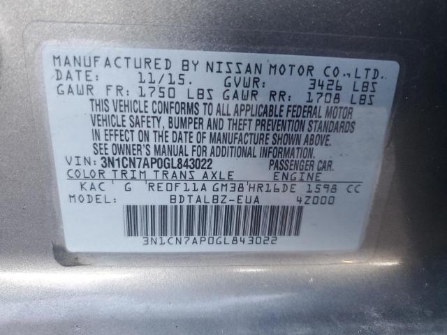 3N1CN7AP0GL843022 - 2016 NISSAN VERSA S GRAY photo 12