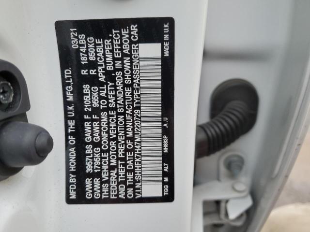 SHHFK7H47MU220729 - 2021 HONDA CIVIC SPORT 白色 照片 12