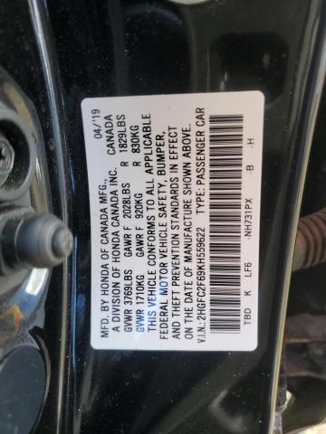 2HGFC2F69KH559622 - 2019 HONDA CIVIC LX BLACK photo 12