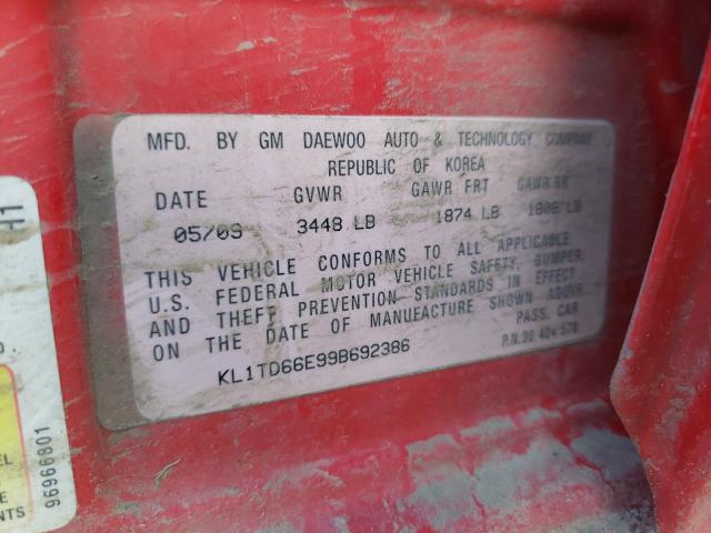 KL1TD66E99B692386 - 2009 CHEVROLET AVEO LS 红色 照片 12