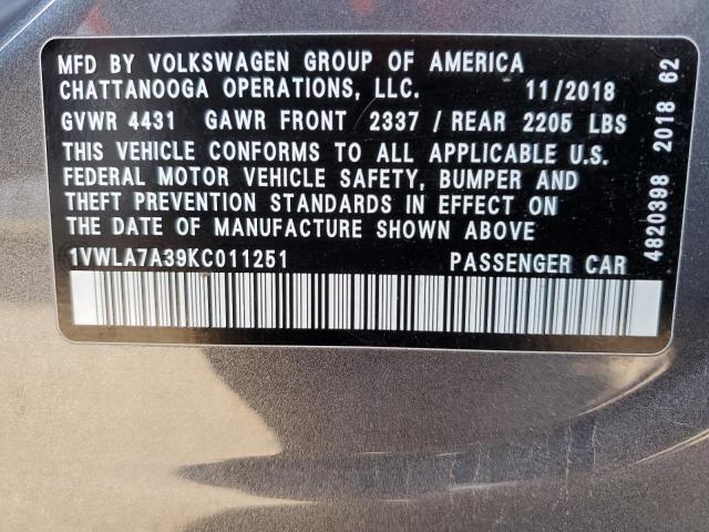 1VWLA7A39KC011251 - 2019 VOLKSWAGEN PASSAT WOLFSBURG GRAY photo 12