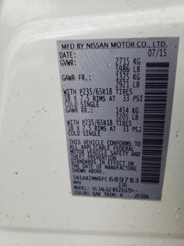 5N1AR2MN6FC689783 - 2015 NISSAN PATHFINDER S WHITE photo 13