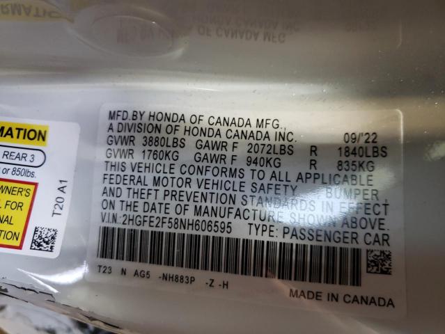 2HGFE2F58NH606595 - 2022 HONDA CIVIC SPORT 白色 照片 12
