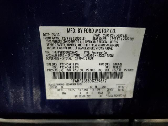 1FAHP2E83DG229672 - 2013 FORD TAURUS SEL BLUE photo 13