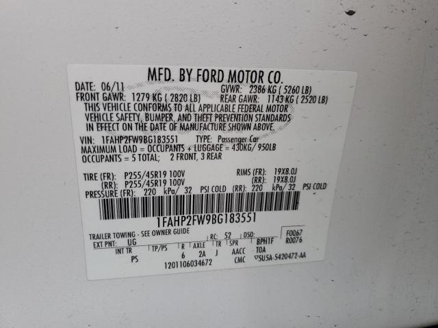 1FAHP2FW9BG183551 - 2011 FORD TAURUS LIMITED WHITE photo 13