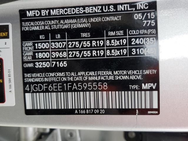 4JGDF6EE1FA595558 - 2015 MERCEDES-BENZ GL 450 4MATIC SILVER photo 13