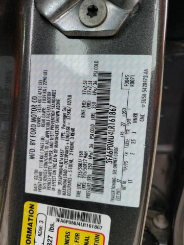 3FA6P0MU4LR161867 - 2020 FORD FUSION SEL GRAY photo 12