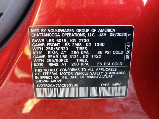 1V2TR2CA7MC533338 - 2021 VOLKSWAGEN ATLAS SEL PREMIUM RED photo 14