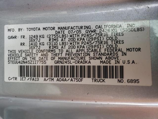 5TEUU42N45Z117755 - 2005 TOYOTA TACOMA ACCESS CAB ვერცხლისფერი ფოტო 12