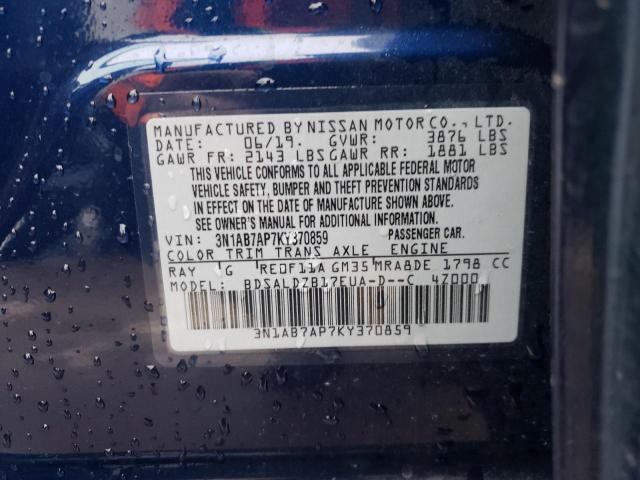 3N1AB7AP7KY370859 - 2019 NISSAN SENTRA S BLUE photo 12