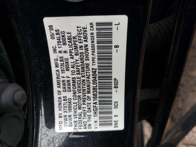 1HGFA16838L094042 - 2008 HONDA CIVIC EX BLACK photo 12