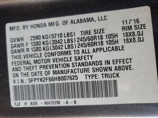 5FPYK2F66HB007625 - 2017 HONDA RIDGELINE RTL CHARCOAL photo 12