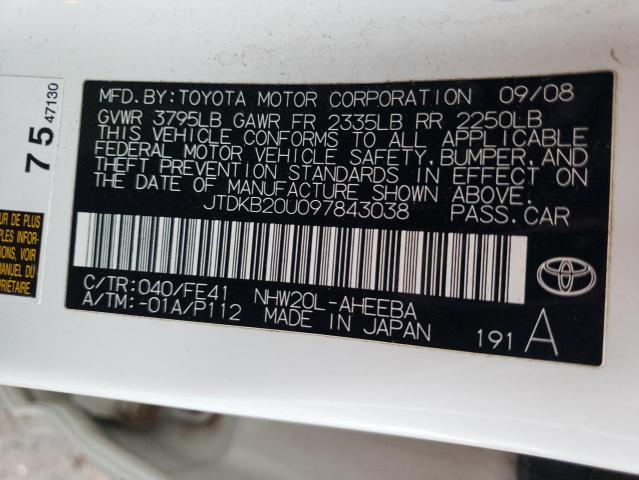 JTDKB20U097843038 - 2009 TOYOTA PRIUS WHITE photo 13