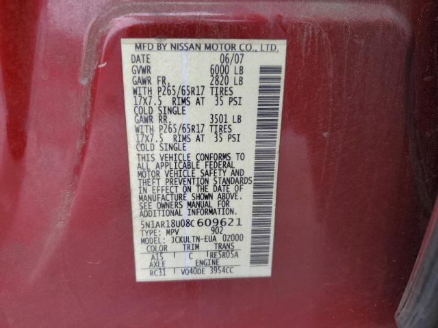 5N1AR18U08C609621 - 2008 NISSAN PATHFINDER S RED photo 12