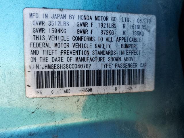 JHMGE8H38CC040762 - 2012 HONDA FIT TURQUOISE photo 13