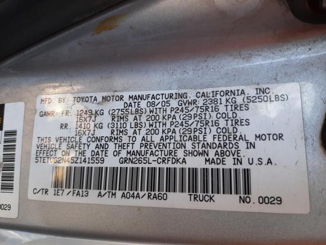 5TETU62N45Z141559 - 2005 TOYOTA TACOMA PRERUNNER ACCESS CAB GRAY photo 12