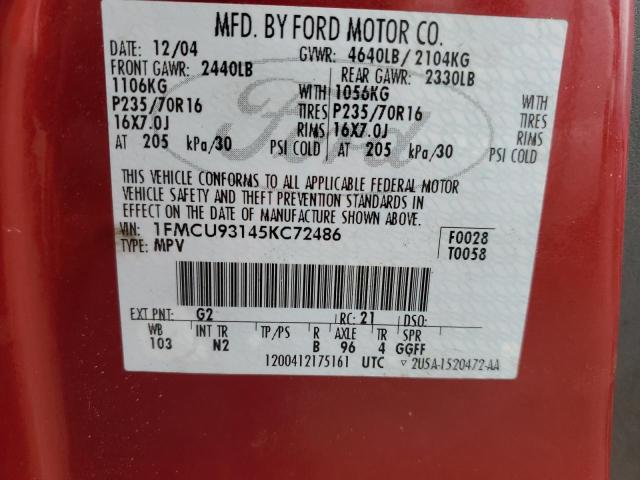 1FMCU93145KC72486 - 2005 FORD ESCAPE XLT RED photo 13