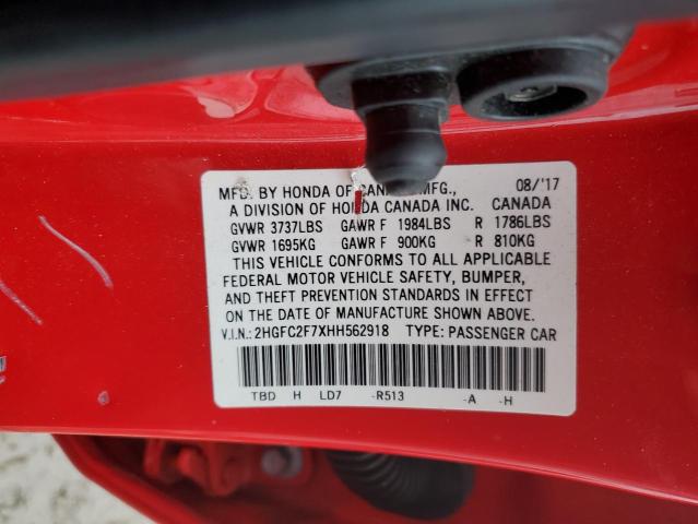 2HGFC2F7XHH562918 - 2017 HONDA CIVIC EX RED photo 12