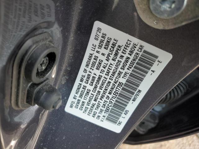 19XFC1F71LE017705 - 2020 HONDA CIVIC EXL ნაცრისფერი ფოტო 12