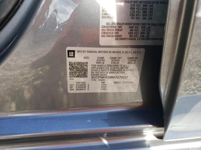 3GCPWFED9MG278117 - 2021 CHEVROLET SILVERADO C1500 HIGH COUNTRY GRAY photo 12