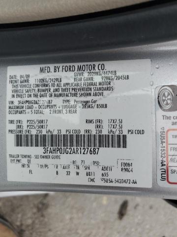 3FAHP0JG2AR127687 - 2010 FORD FUSION SEL SILVER photo 12