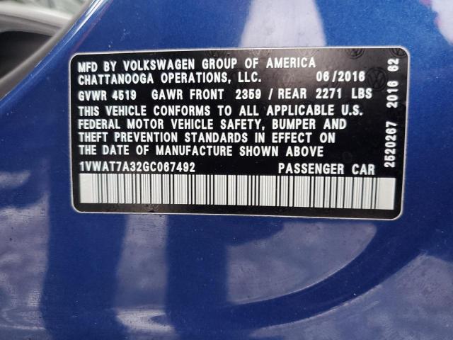 1VWAT7A32GC067492 - 2016 VOLKSWAGEN PASSAT S BLUE photo 13